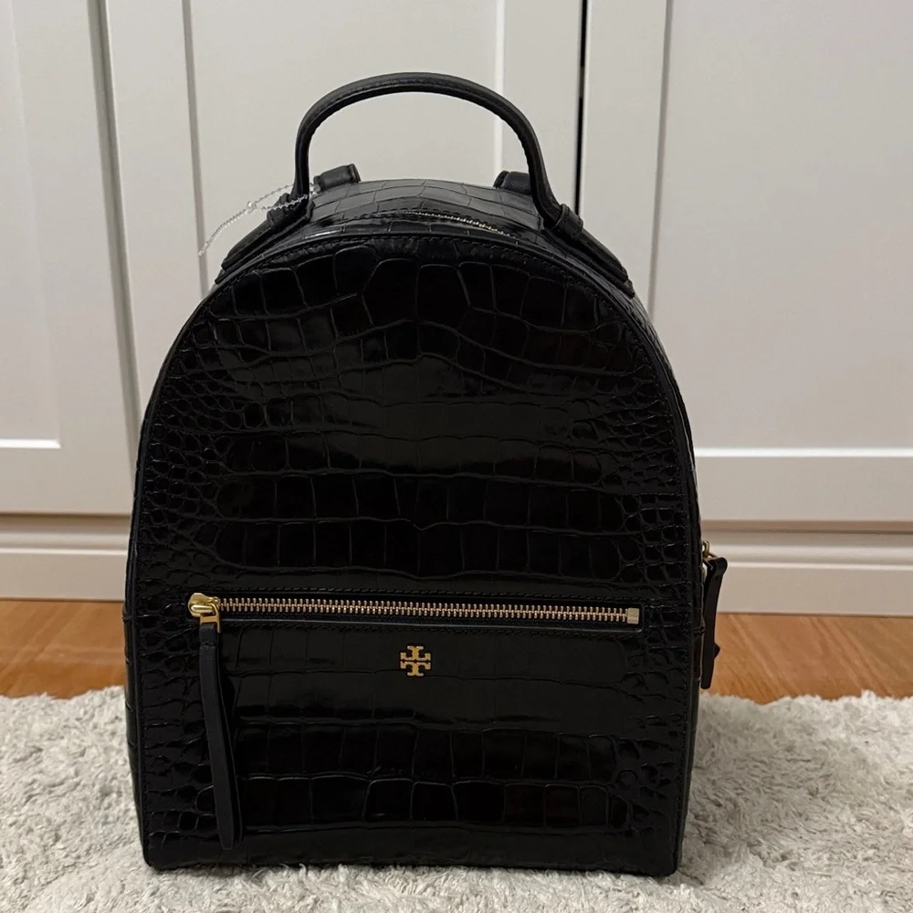 NWOT Tory Burch Black Croc-Embossed Mini Backpack with Gold Details